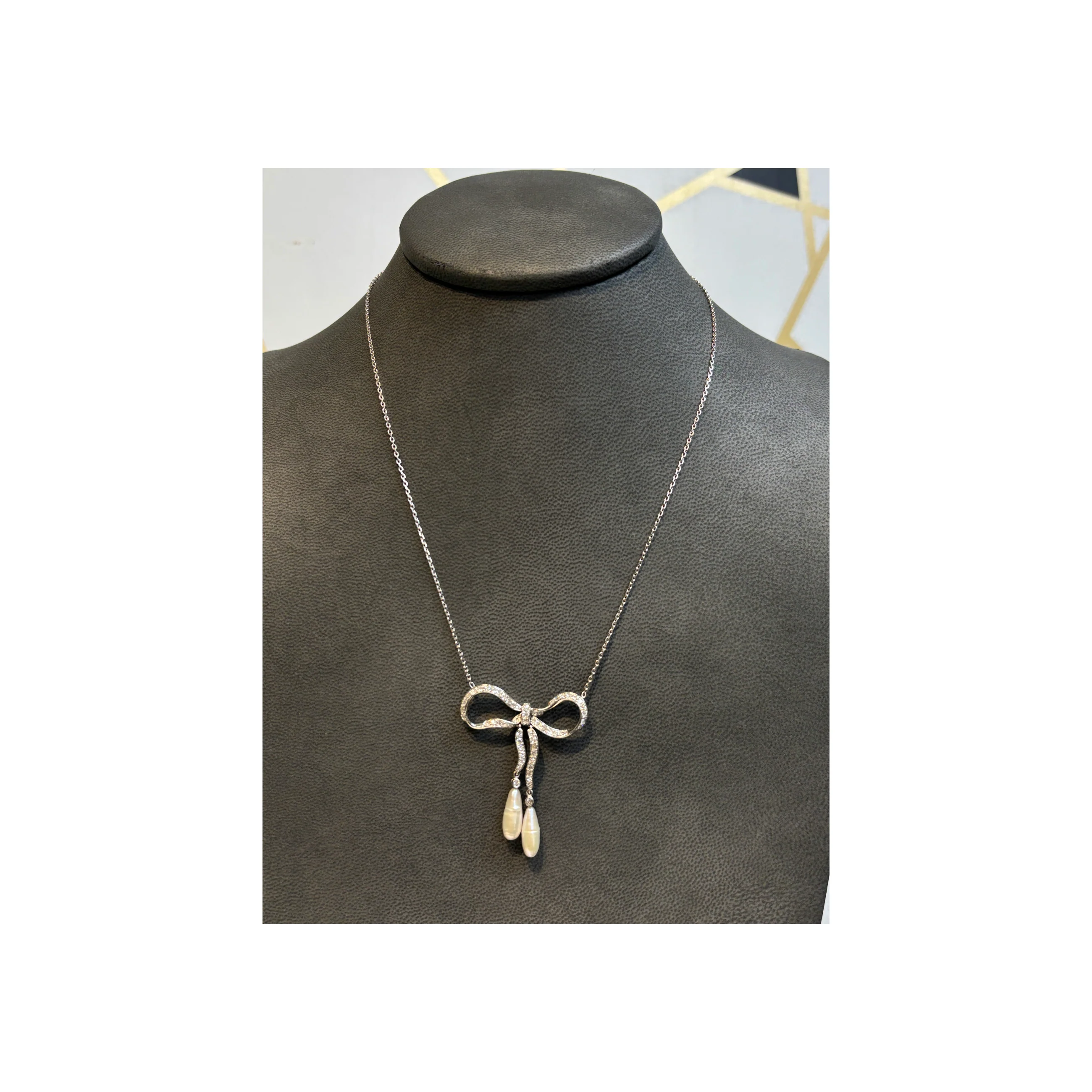 Pearl & Diamond Bow Necklace - Image 5