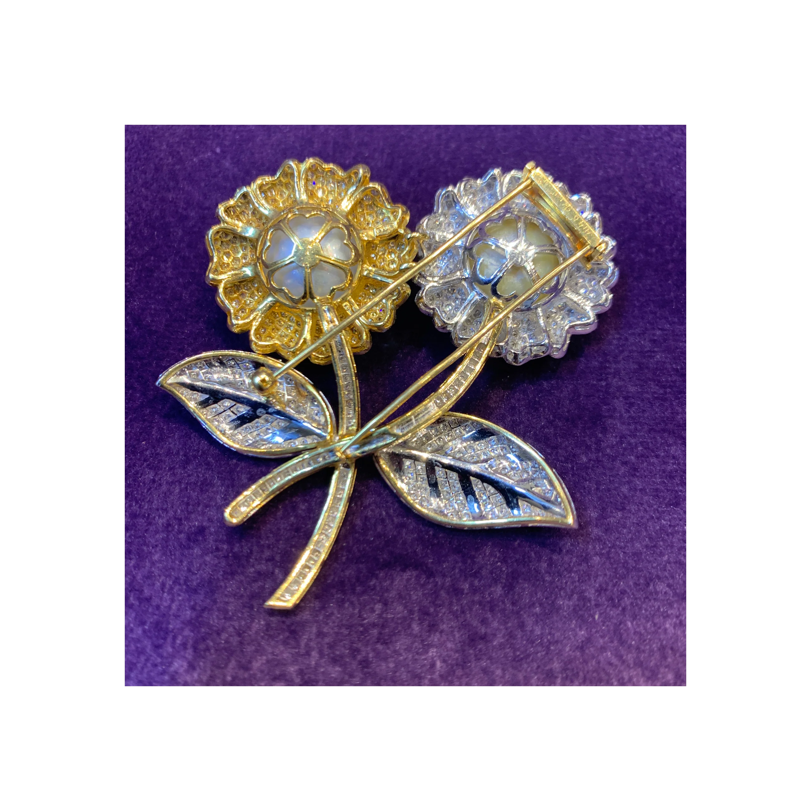 Pearl & Pave Diamond Double Flower Brooch - Image 4