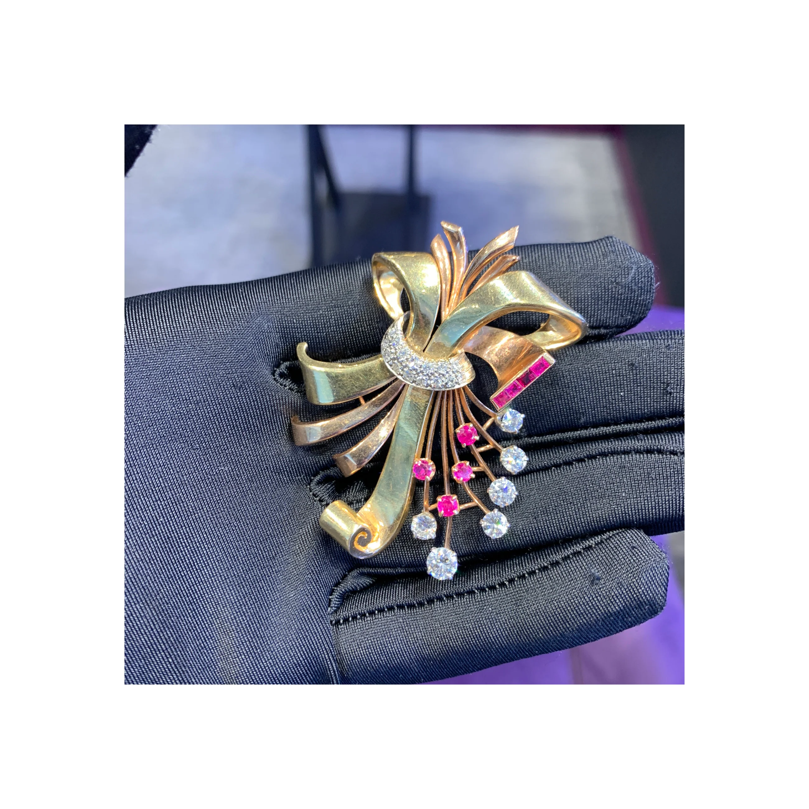 Retro Diamond & Ruby Multi Tone Gold Brooch - Image 2