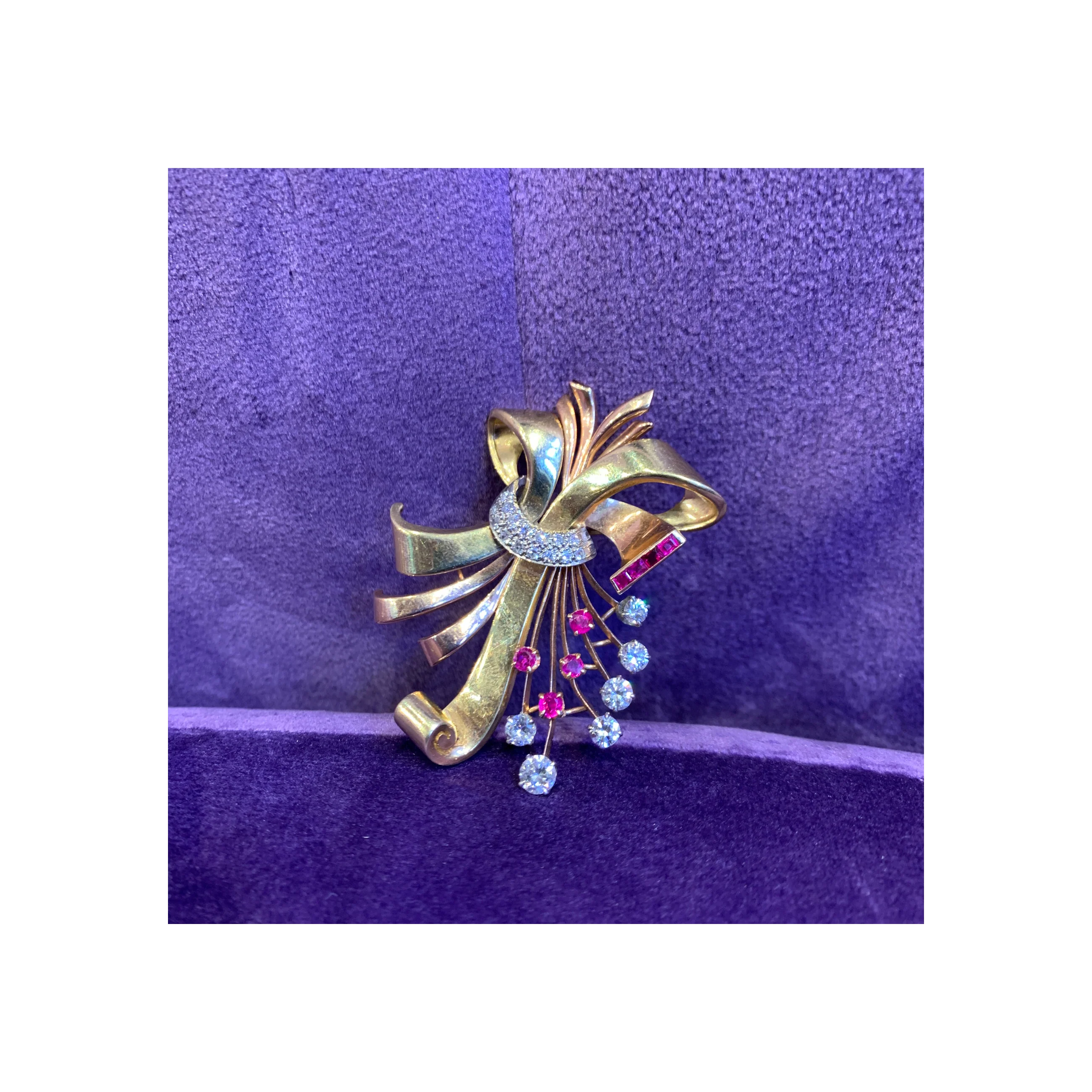 Retro Diamond & Ruby Multi Tone Gold Brooch - Image 6