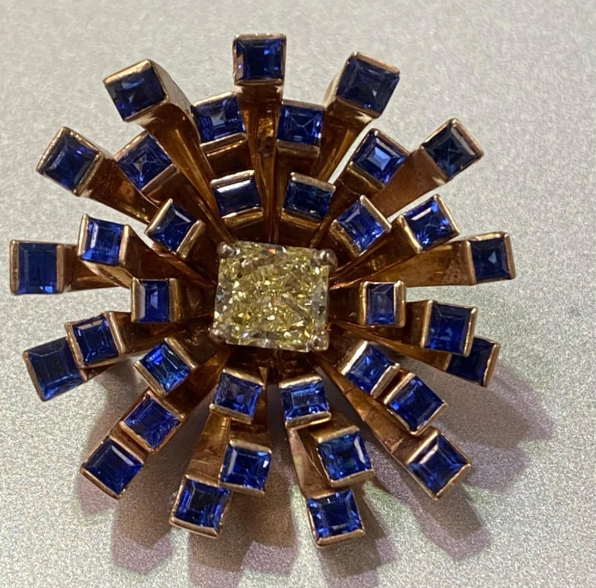 Retro Fancy Yellow Diamond & Sapphire Flower Brooch - Image 7