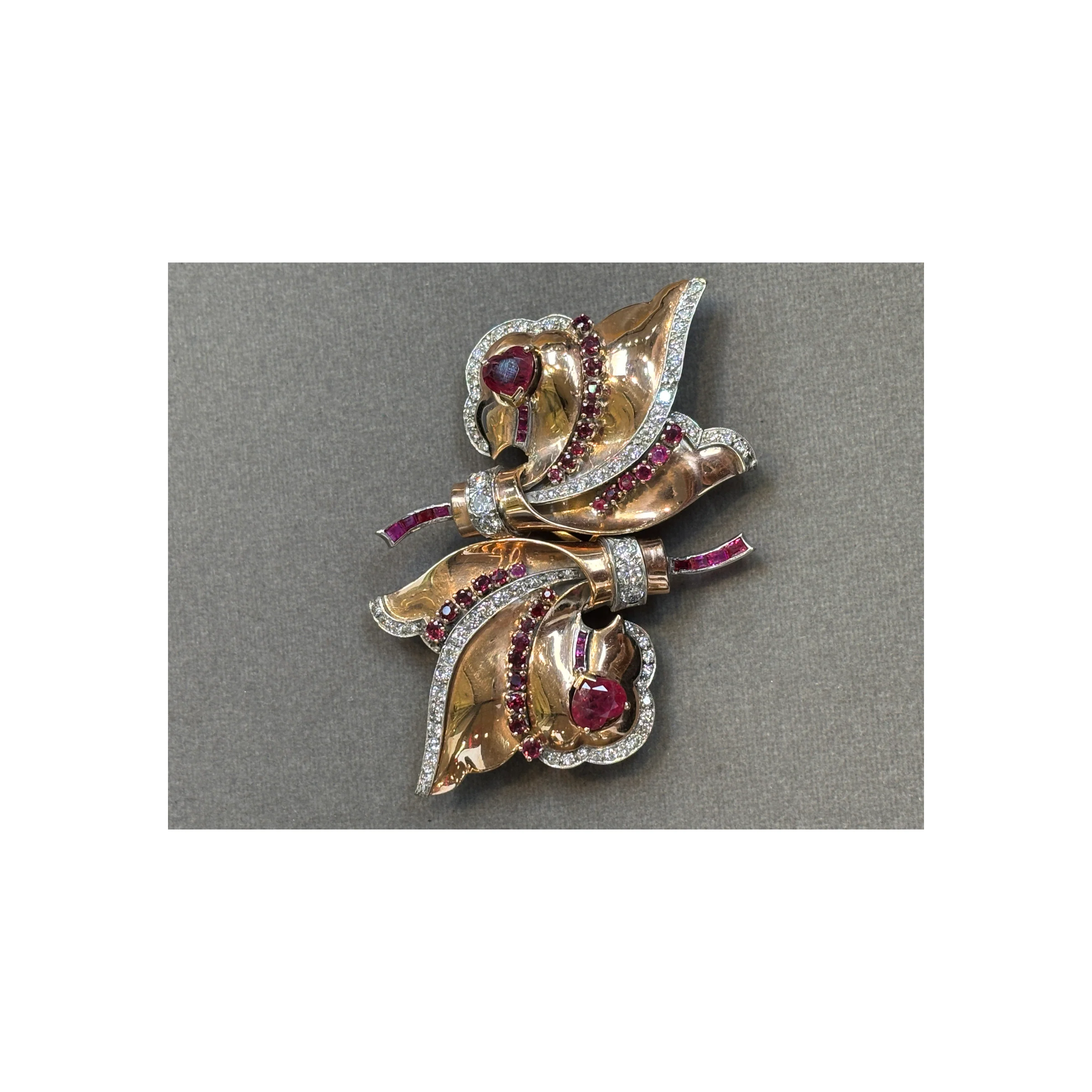 Retro Ruby and Diamond Double Clip Brooch - Image 12