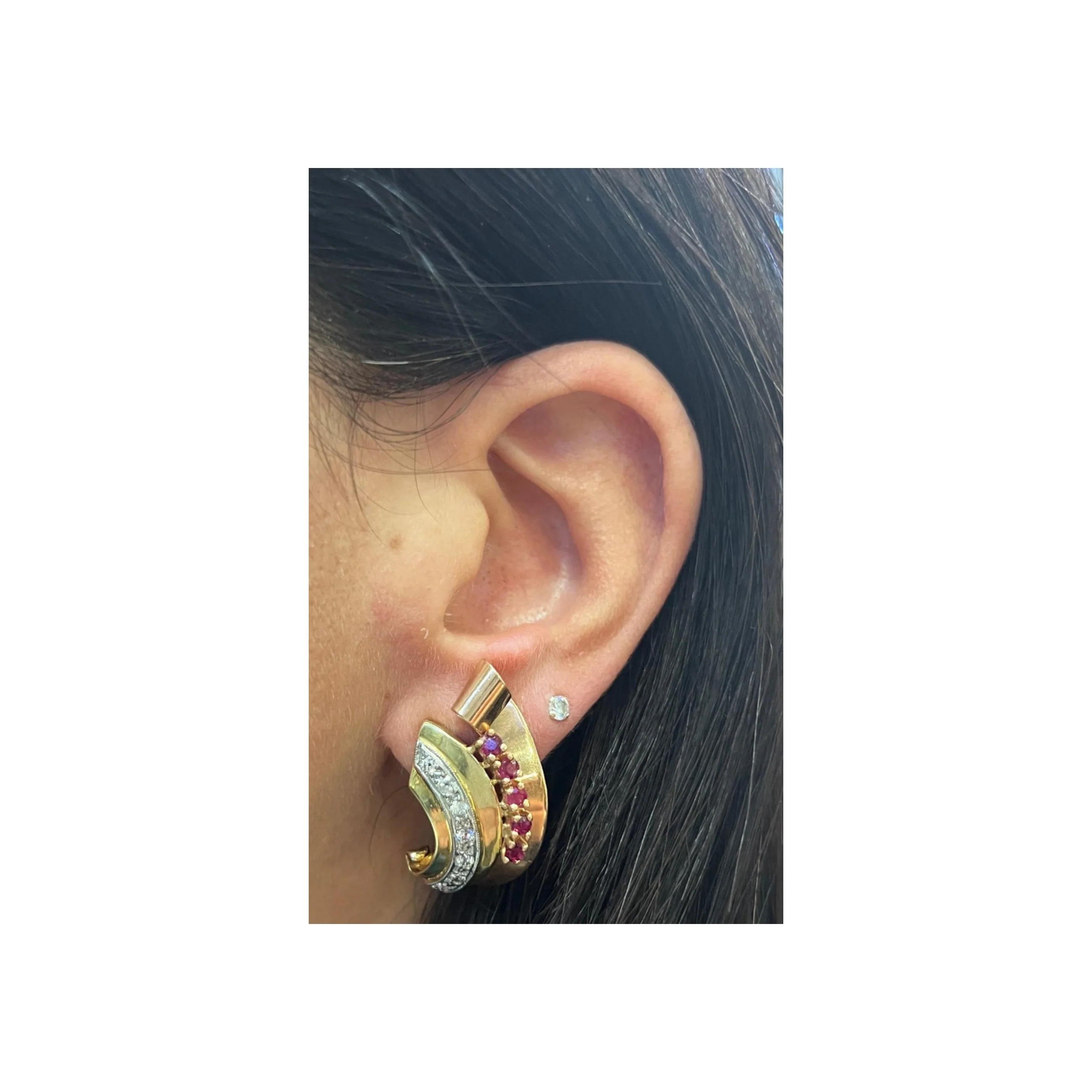 Retro Ruby & Diamond Two Tone Earrings - Image 2