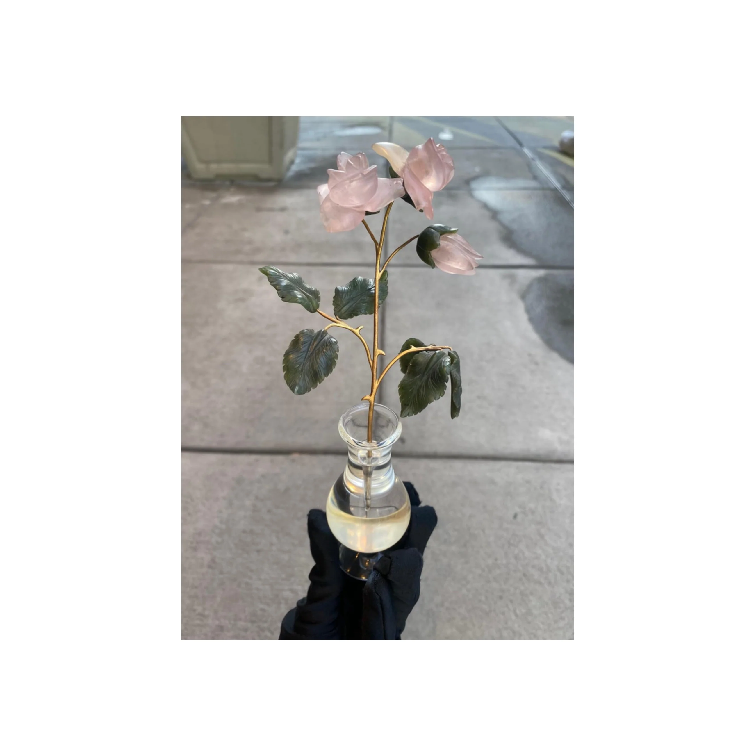 Rose Quartz Rose Flower & Rock Crystal Vase Desk Object - Image 4