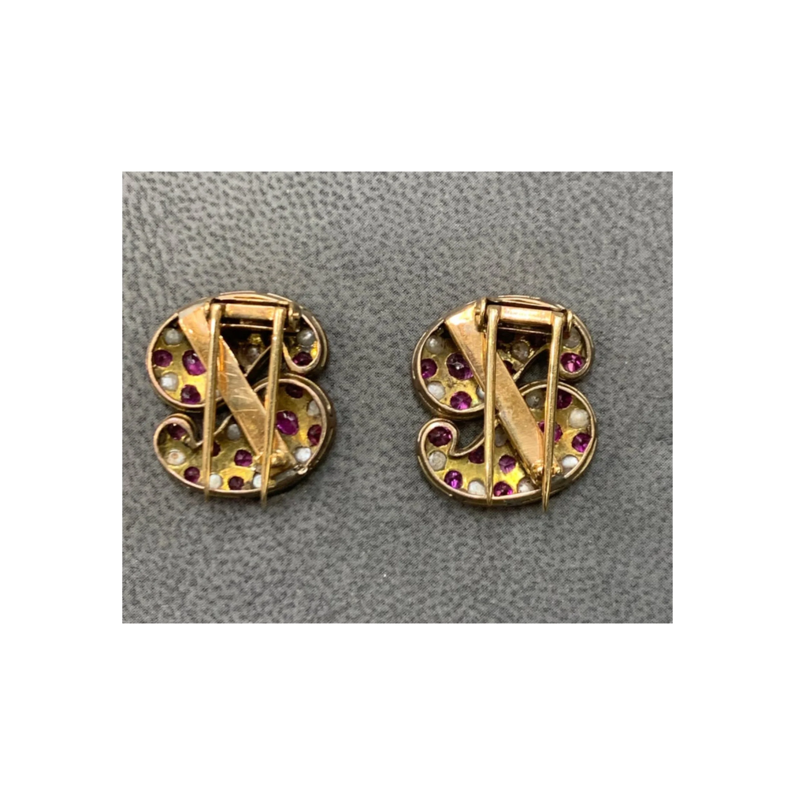 VIctorian Pair of Ruby and Pearl Paisley Brooches - Image 4